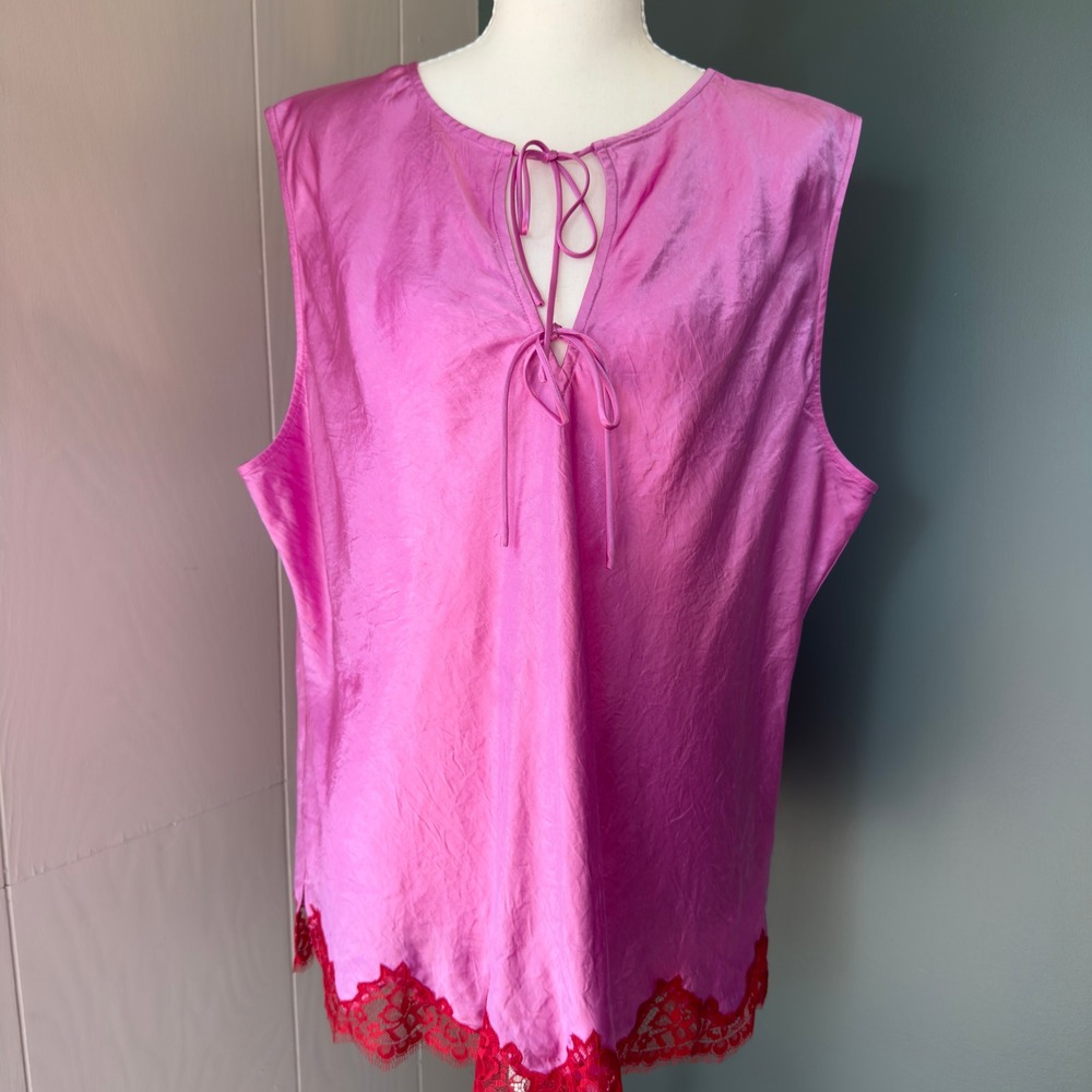 J.Crew Pink Sleeveless Lace Trim Tie Front Blouse Top Plus Size 2X Orchid Red